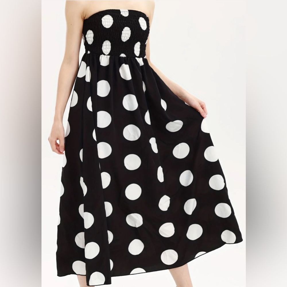 Leasty Curve Polka Dot Striped Print Shirred Dress Casual Shoulder Ruffle 4X